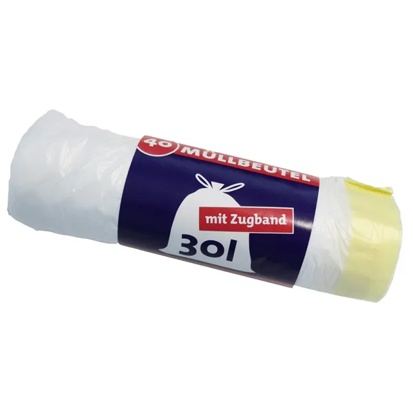 Müllbeutel Ulith mit Zugband weiß 30 L 16 my, 40 St/Rolle HDPE Material, Maße ca. 500 x 600 mm 410080, 1017861