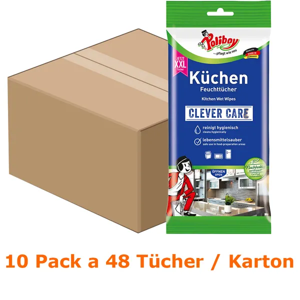 Poliboy XXL Küchen Feuchttücher Karton Feuchttücher 10 Pack a 48 Tücher, Feuchttücher ideal für die Küche 4904810